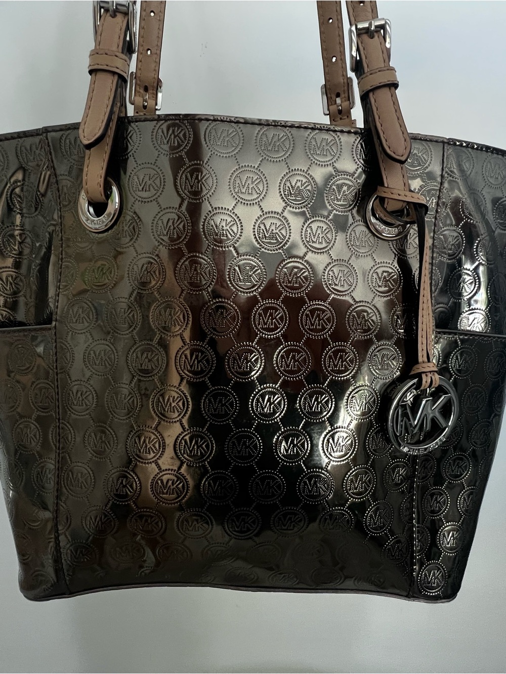 Michael Kors Metallic Pewter MK-Logo Tote with Tan Leather Straps - Picture 3 of 9